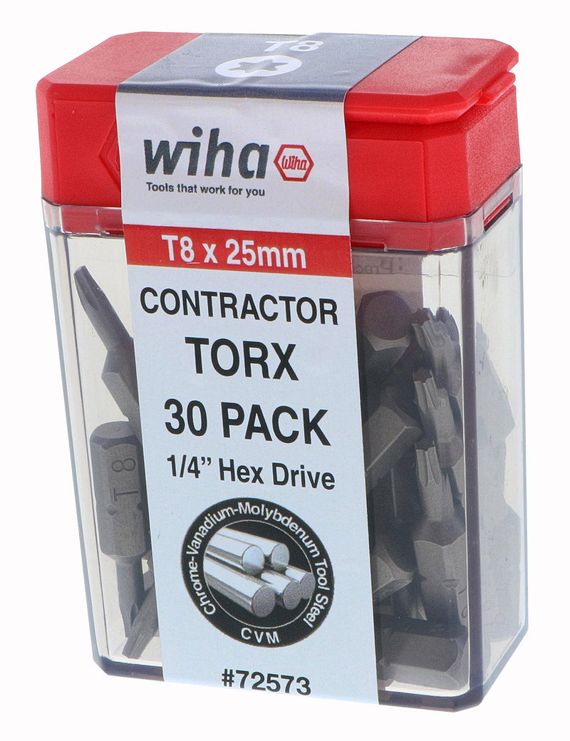 WIHA TOOLS Torx Contractor Insert Bit T8 X 25Mm - 30 Pack - WIH-72573 | GarageAndFab.com