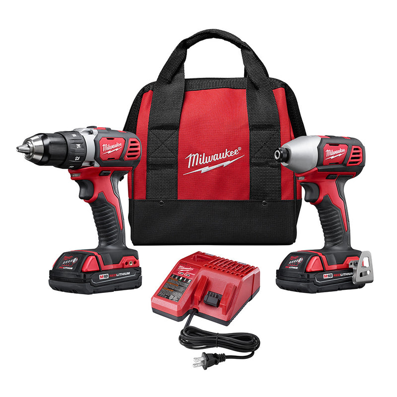 Milwaukee Electric M18 2-Tool Combo Kit: 1/2" Compact Drill/Driver, 1/4" Hex Impact Driver, (2) 18V Batt., (1) Multi-Volt. Charger - MLW-2691-22 | GarageAndFab.com