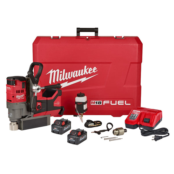 Milwaukee Electric M18 Fuel 1-1/2" Magnetic Drill Kit, 5-3/4" Stroke, 400/690 Rpm, (2) Xc8.0 Batteries, (1) 18V/12V Charger - MLW-2787-22HD | GarageAndFab.com