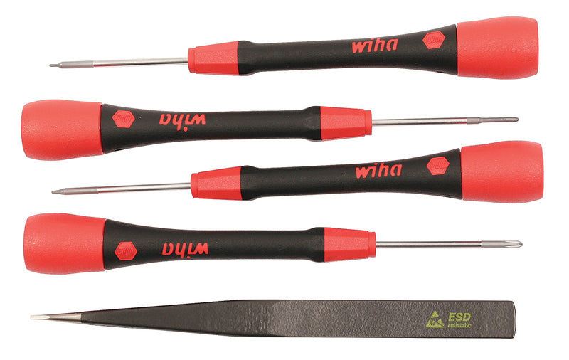 WIHA TOOLS 5 Piece Picofinish Screwdriver And Tweezers Smartphone Technician Set - WIH-26196 | GarageAndFab.com