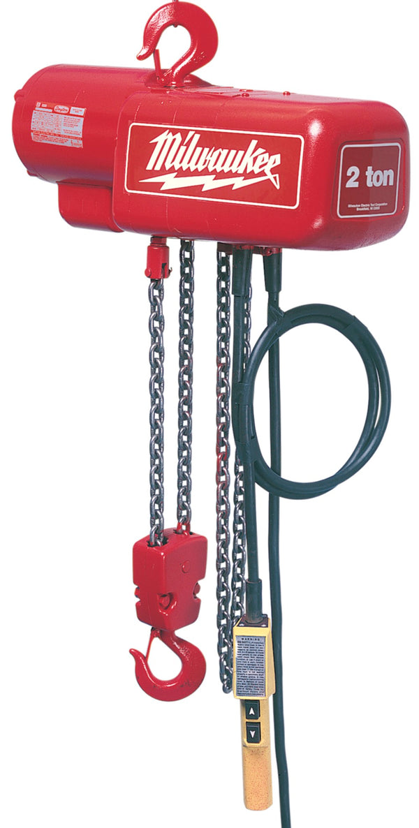 Milwaukee Electric 2 Ton 20 Foot Electric Chain Hoist, Double Chained, 115/230V, 1 Hp, Lifts 8 Ft/Min - MLW-9573 | GarageAndFab.com