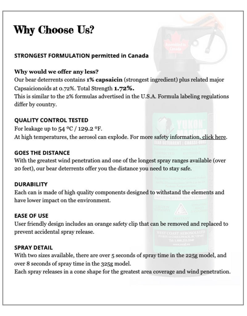 Yukon Magnum - Bear Deterrent 225g 1.72% - 225YM | 62-25707 TWP RD 544 Sturgeon County, Alberta, T8R 2B5 | MunroOutdoorAdventures.com | Munro Industries