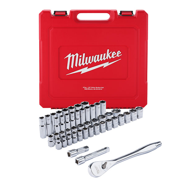 Milwaukee 47-Pc 1/2" Drive Ratchet And Socket Set - Sae & Metric - 1/2" To 1-1/8", 10Mm To 24Mm - MLW-48-22-9010 | GarageAndFab.com