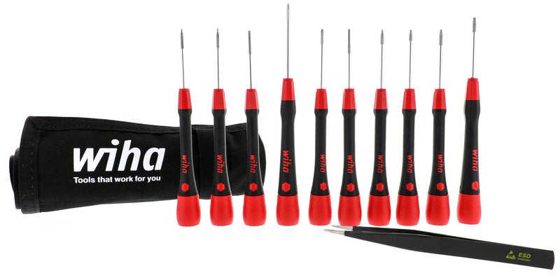 WIHA TOOLS 11 Piece Picofinish Screwdriver And Tweezers Smartphone Technician Set With Roll Pouch - WIH-26198 | GarageAndFab.com