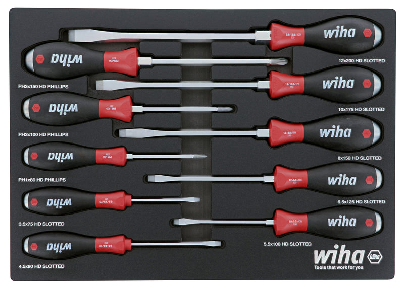 WIHA TOOLS 10 Piece Extension Ra Heavy Duty Softfinish Cushion Grip Screwdriver Tray Set - WIH-53180 | GarageAndFab.com
