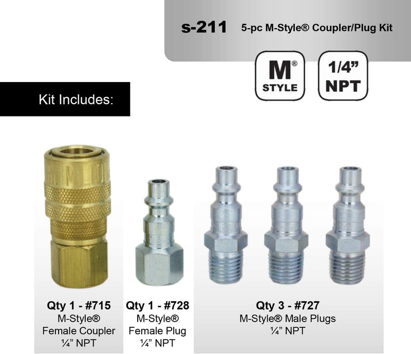 Milton (S-211) 1/4" NPT M-Style Coupler and Plug Kit, (5-Piece) Model