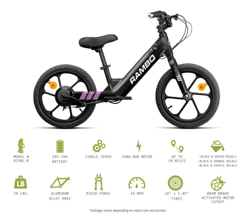 Rambo Lil' Whip 16" Youth Electric Bicycle, Matte Black, Model