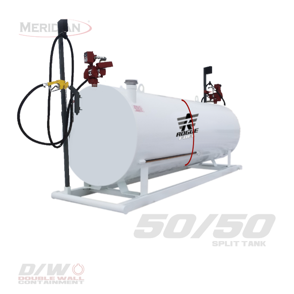 Rogue Fuel| Meridian - 4,595 Litre/ 1000 Gallon  Double Wall  50/50 Split Utility Fuel Tank & Skid Complete With Fuel Pump & Meter Package Including Arctic Hose & Automatic Shut Off Nozzle - Model#: RF98111DWCP