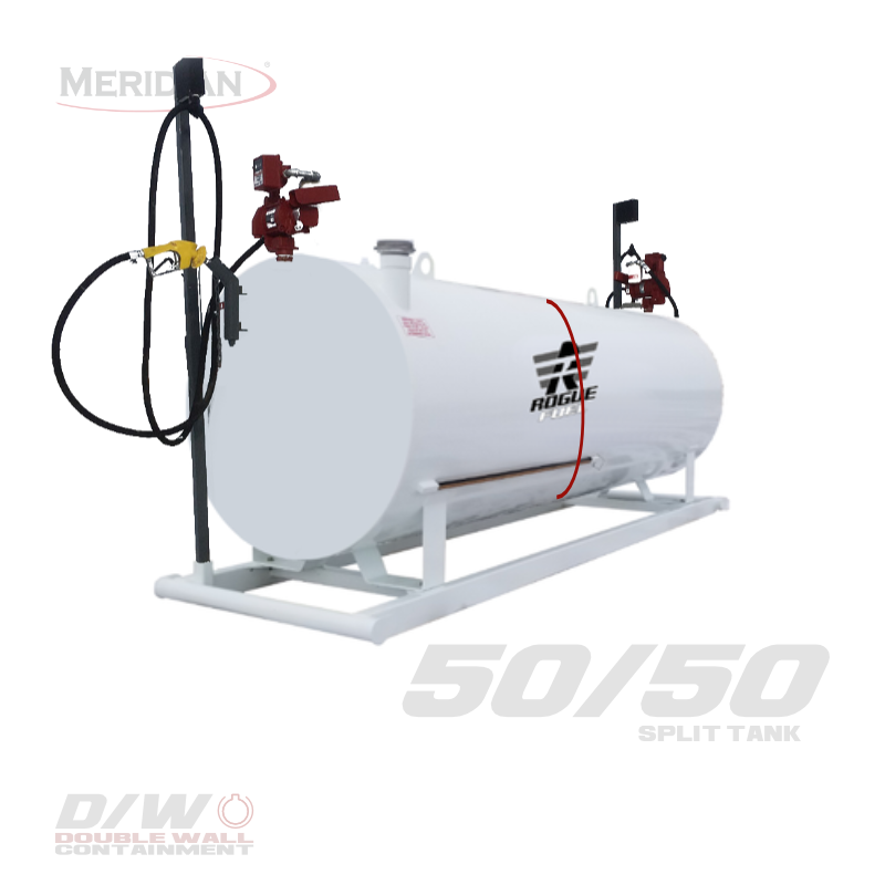 Rogue Fuel| Meridian - 4,595 Litre/ 1000 Gallon  Double Wall  50/50 Split Utility Fuel Tank & Skid Complete With Fuel Pump & Meter Package Including Arctic Hose & Automatic Shut Off Nozzle - Model