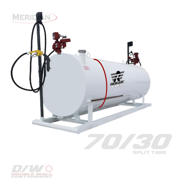 Rogue Fuel| Meridian - 4,595 Litre/ 1000 Gallon Double Wall 70/30 Split Utility Fuel Tank & Skid Complete Package With Fuel Pump, Meter Arctic Hose & Automatic Nozzle - Model#: RF98110DWCP