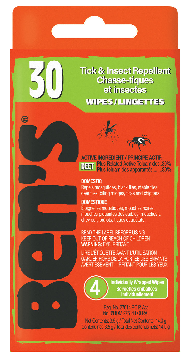 Ben's 30 Tick and Insect Repellent Wipes 4pc Travel Pack