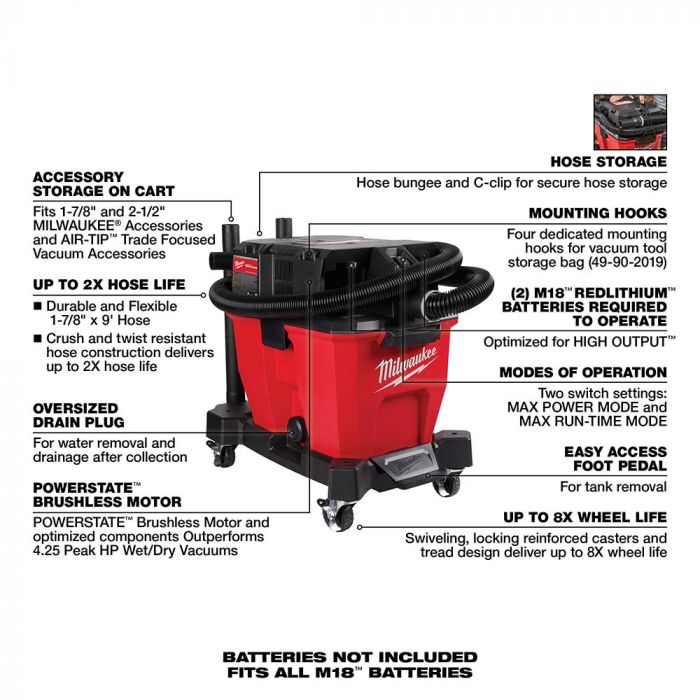 Milwaukee M18 FUEL 9 Gallon Dual-Battery Wet/Dry Vacuum (Tool Only) Model