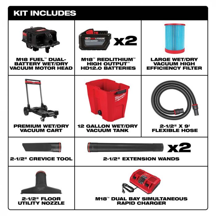 Milwaukee M18 FUEL 12 Gallon Dual-Battery Wet/Dry Vacuum Kit Model