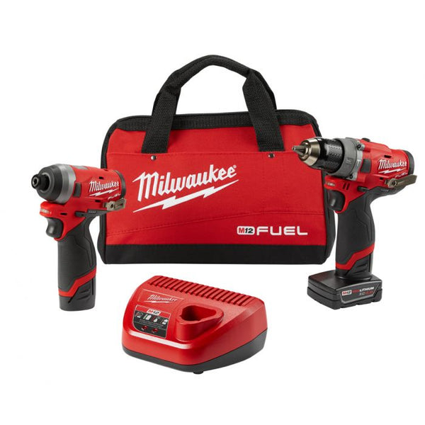 Milwaukee M12 FUEL 12 Volt Lithium-Ion Brushless Cordless 1/2 in. Hammer Drill and 1/4 in. Hex Impact Driver Combo Kit - 2 Tool Model#: 2598-22